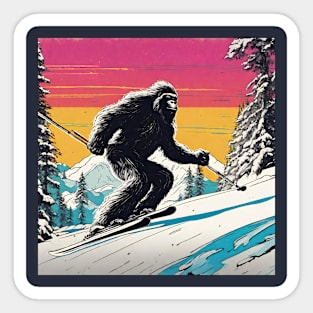 Funny Bigfoot Skiing Dad Across Mountains Winter Sports Sticker